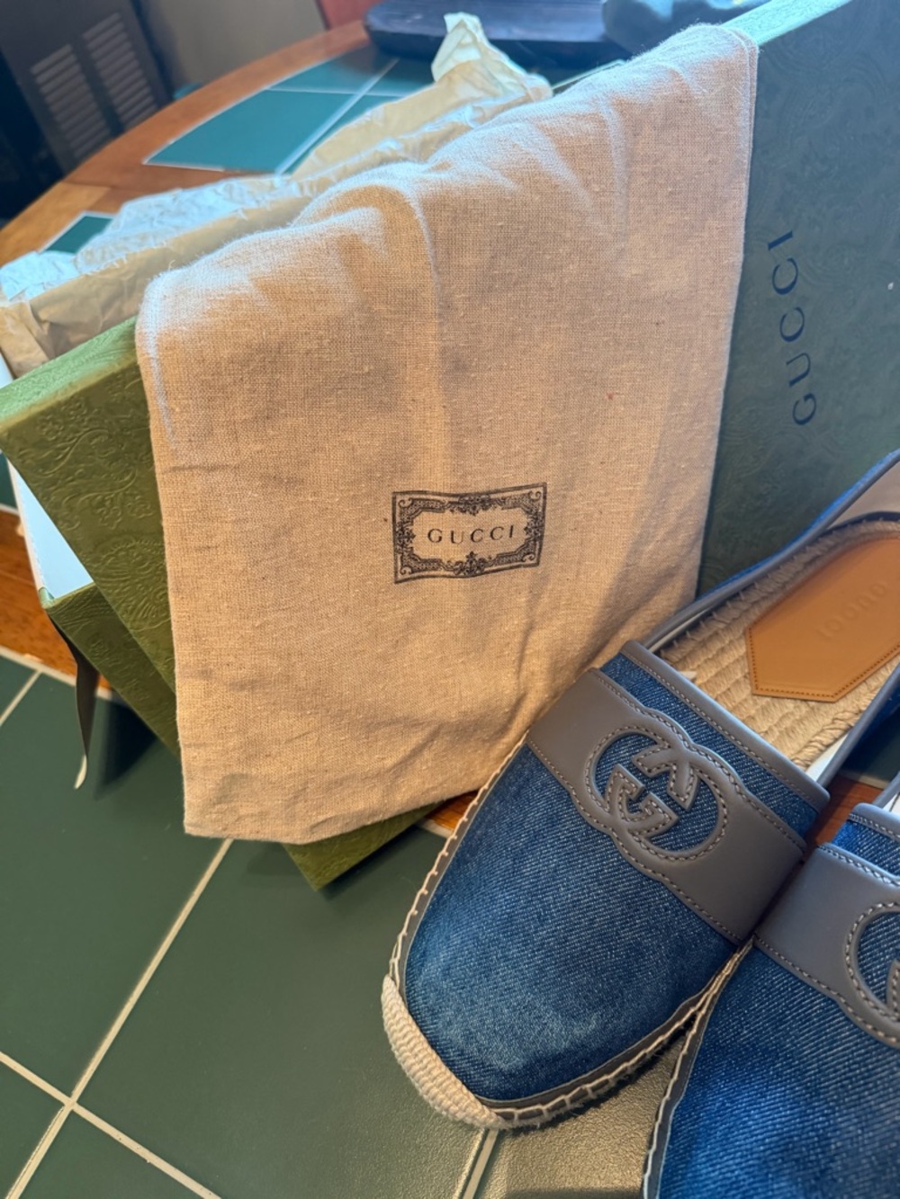 GUCCI Blue Denim Espadrille Slip-Ons with Gray Leather Trim - Picture 12 of 12